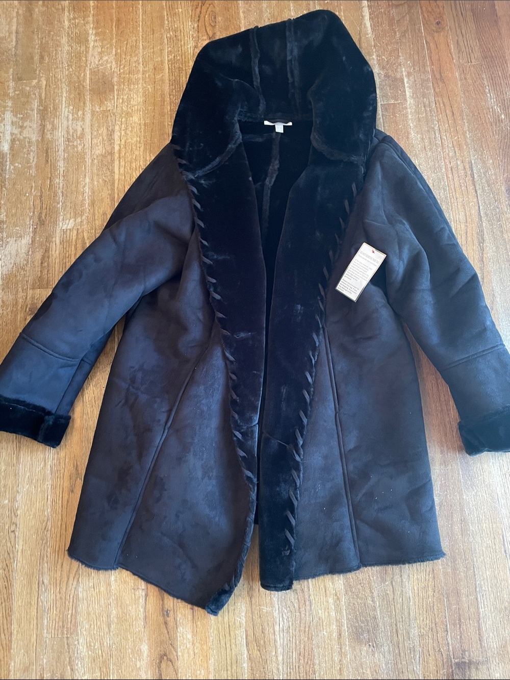 Woman Within Black Faux Shearling Hooded Trench Coat